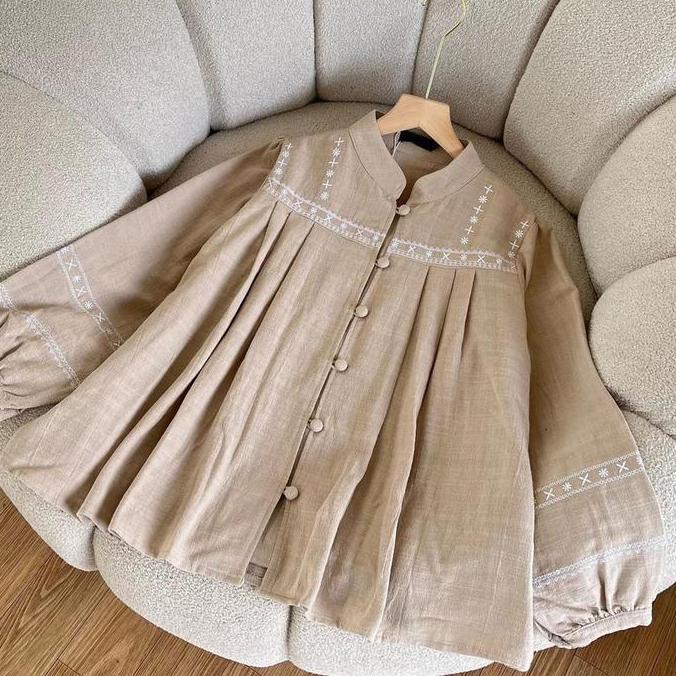 Kemeja Casual Bordir Vintage - Melisa Top Bordir Ethic - Baju Bordir Katun  Linen  Rami Korean Style