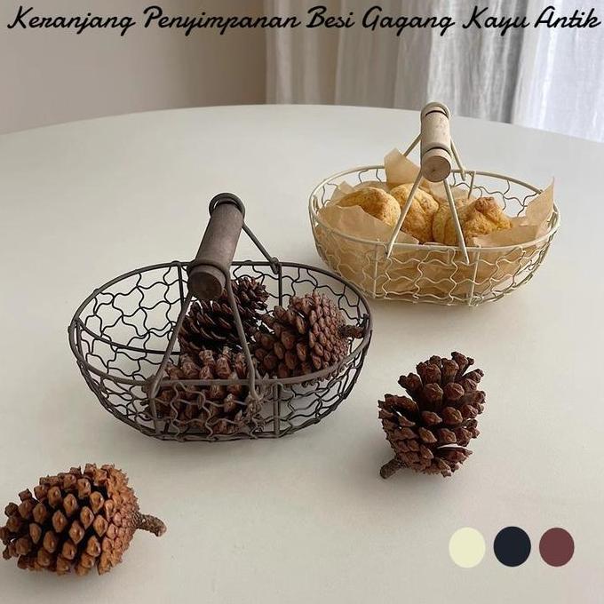 karezman77 - keranjang penyimpanan besi gagang kayu antik keranjang buah besi keranjang buah kecil c