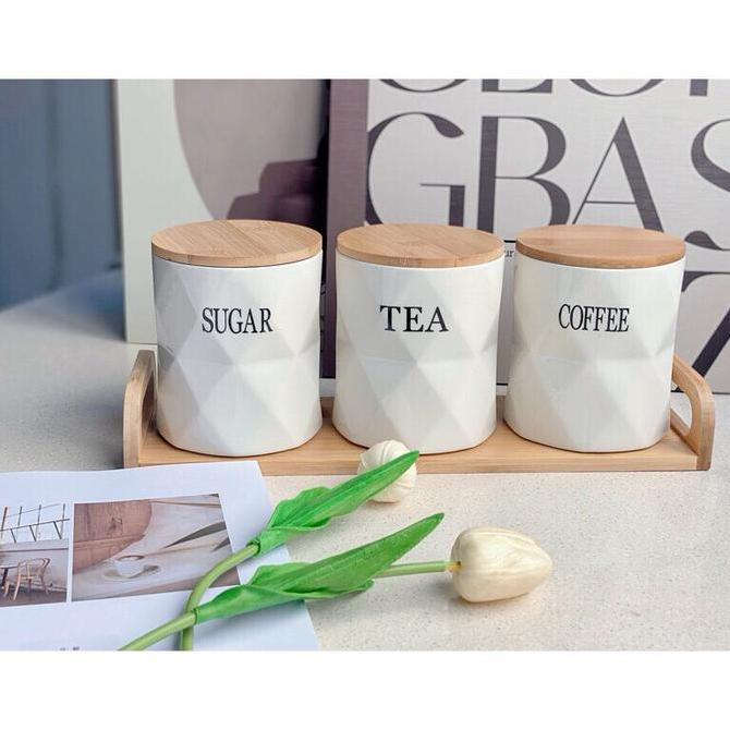 Ms Toples Kopi Teh Gula Canister Tempat Penyimpanan Kopi Keramik 1 Set 3Pcs Dengan Tatakan