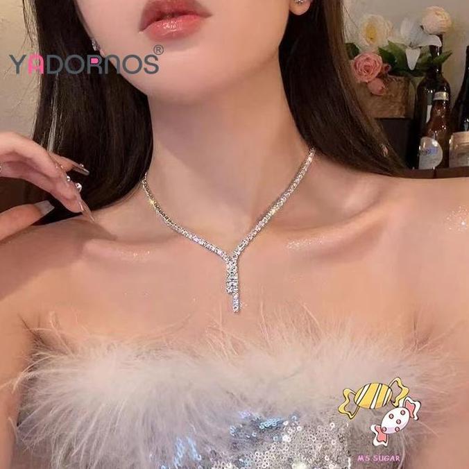 YADORNOS Kalung Crystal Set Anting - Kalung Pernikahan - Kalung Anting Liontin - Aksesoris Pengantin