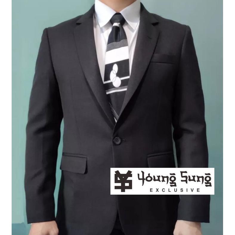 Diskon Youngsung Exclusive - Jas Formal Pria Hitam Slim Fit Kancing 2 Bahan Jetblack Wisuda Kerja Ka