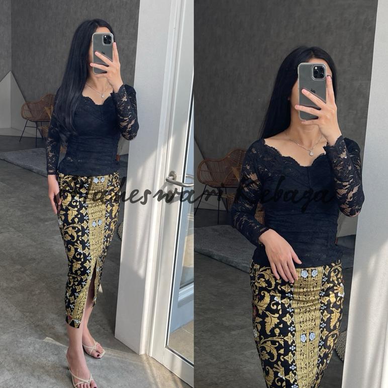 Free Ongkir Kebaya Bali Set Brukat Sabrina Hitam V-Neck Brokat