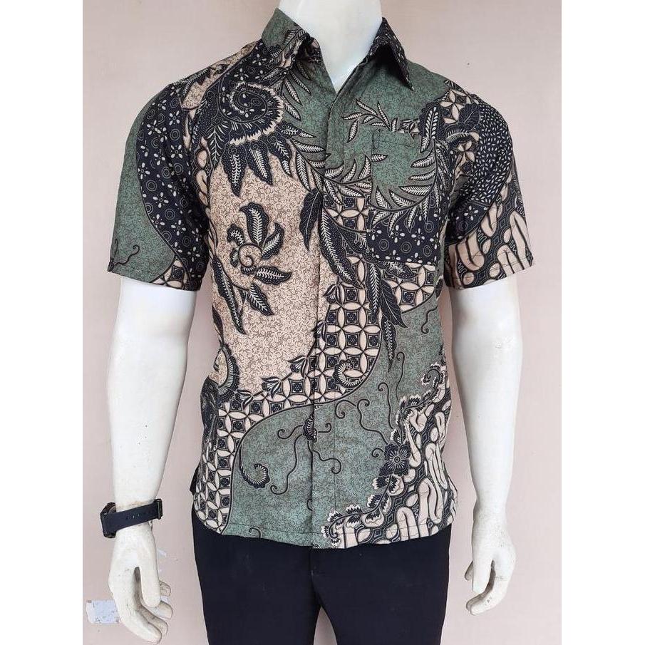 Batik Pria Lengan Pendek Motif Kawung Kate Sage Green