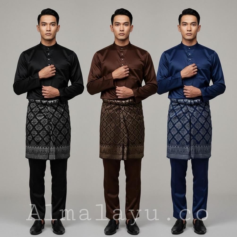 hot deals satu set baju dan celana melayu satin mengkilap teluk belanga termurah baju melayu pria ba