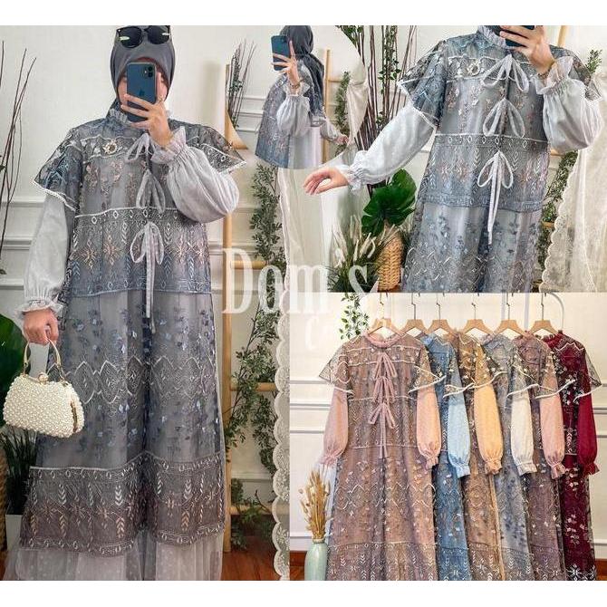 Tille gamis brokat dress - 2 in 1 layer sambung - puff long sleeve - ribbon buttoned - long dress - 