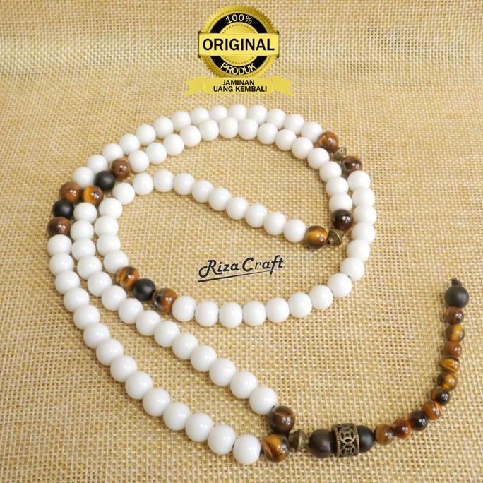 Tasbih Aesthetic Batu Alam Akik Alam Kristal Giok Putih Asli Original - WHITE GOLDEN 99