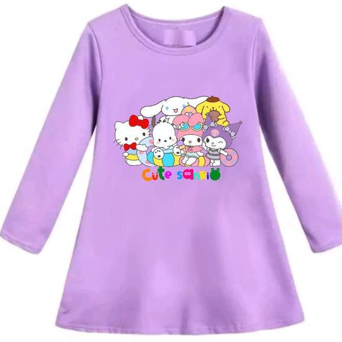 Dress Tunik Motif Gambar Kartun SANRIO KUROMI Lengan Panjang Oblong  Anak Perempuan Atasan Usia 3-13