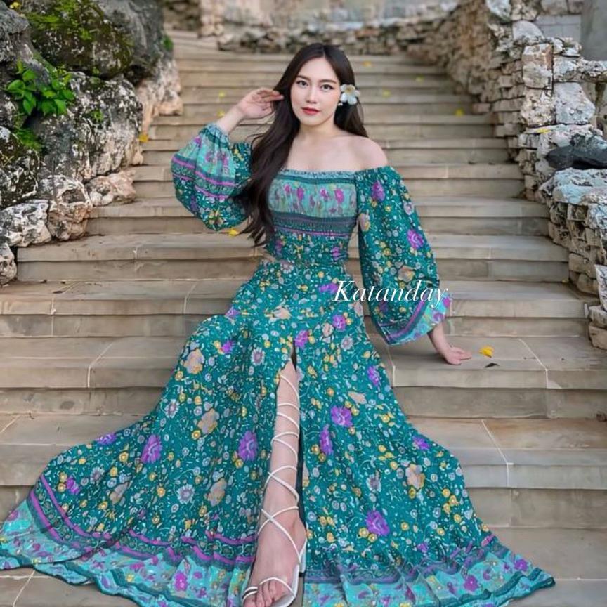 Katan Bali Kalene Set Long Dress, Sabrina Set Lengan Panjang, One Set Sabrina Dan Rok