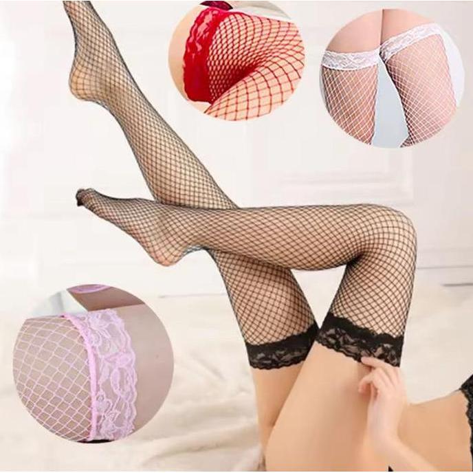Stocking merah hitam  Jaring Kaos Kaki Panjang Anggun KODE STC13 dengan renda