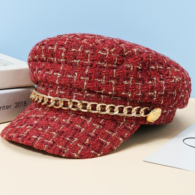Rotazione- Topi Baret Wanita Rantai Oktagonal Bling Oktagonal Retro Tp-Oktachain Hitam Merah Putih