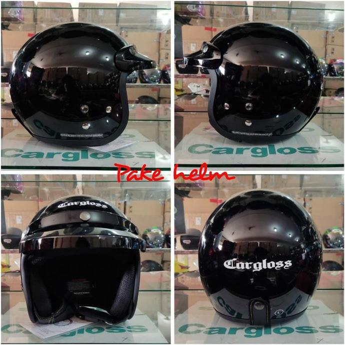 NEW HELM CARGLOSS CF RETRO ARMY DEEP BLACK HITAM GLOSSY CARGLOS HALF FACE ORI