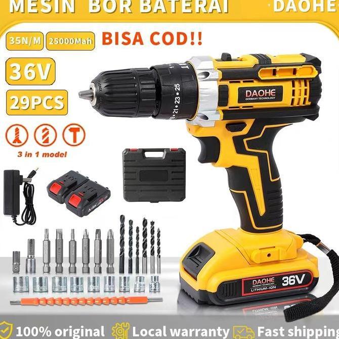 meysaless - daohe  mesin bor baterai 36vf 25+3 cordless impact lengkap 2 baterai fullset koper 35nm 