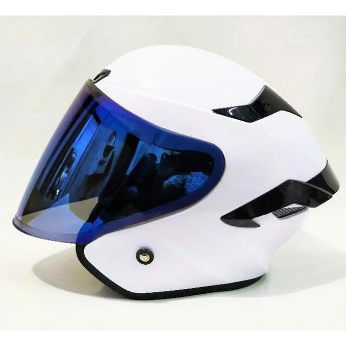 Helm Half Face TTC Pandora Polos Putih Glossy  - Kaca Blue - Motorcycle