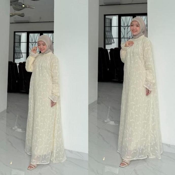 [EXCLUSIVE LAUNCHING]  - Artha Gamis Mewah Bordir Full Furing Dress Ivory Outfit Raya Kondangan Baju