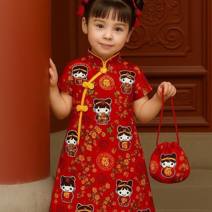 Happykid- Cheongsam Baju Cina Dress Anak Perempuan Model Lurus Cantik Motif - Fashion
