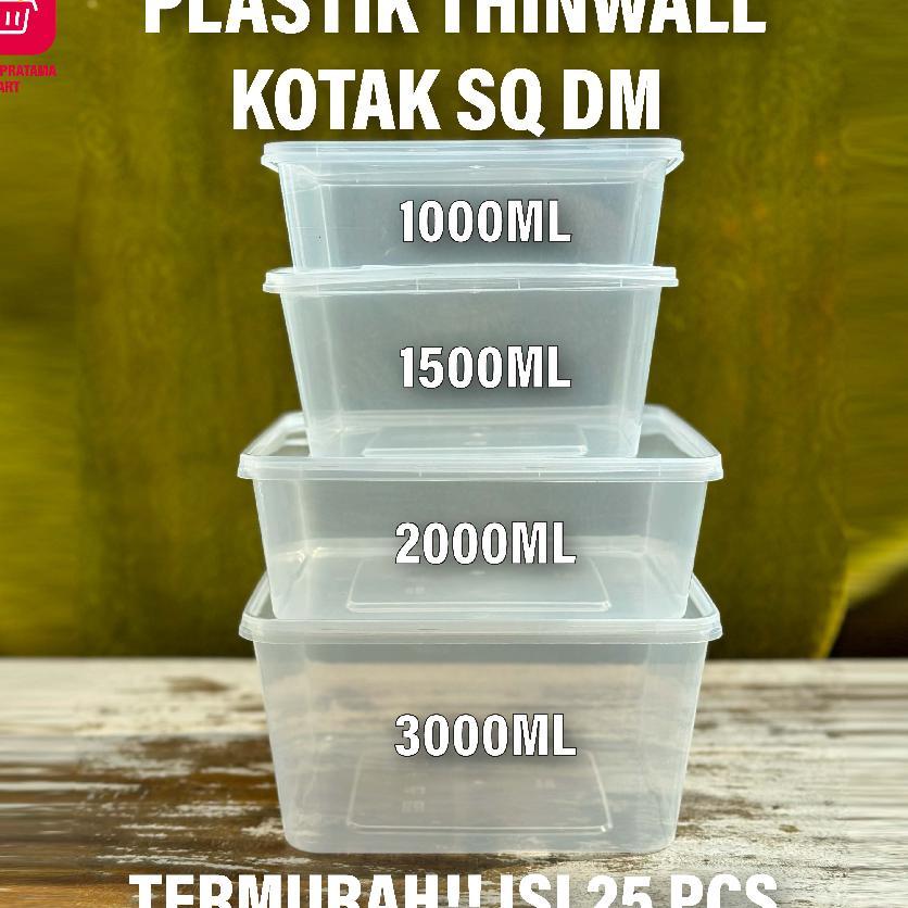 Thinwall Square Kotak Makan Isi 25 Pcs Plastik Persegi Besar 1000Ml 1500Ml 2000Ml 3000Ml Thinwall Bo