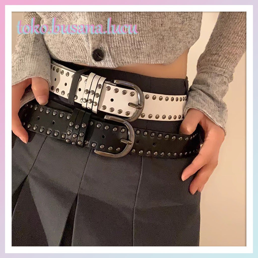 Hitam/Putih Ikat Pinggang Wanita/Pria Kulit Pu Gesper Fashion Korea Simple Dan Serbaguna | Belt Punk