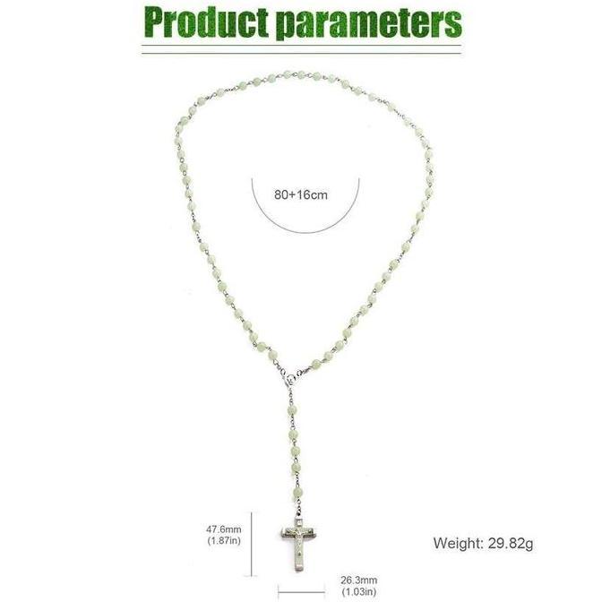 POIRENS Rosario Fosfor Glow In The Dark Kalung Rosario Katolik Salib Manik Manik Hijau Menyala Dalam