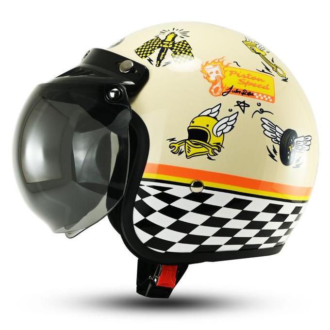 Helm Retro Bogo Pria Wanita  Terbaru Motif Piston Speed Custom - Helm Rsix - Motorcycle Helmet Kaca