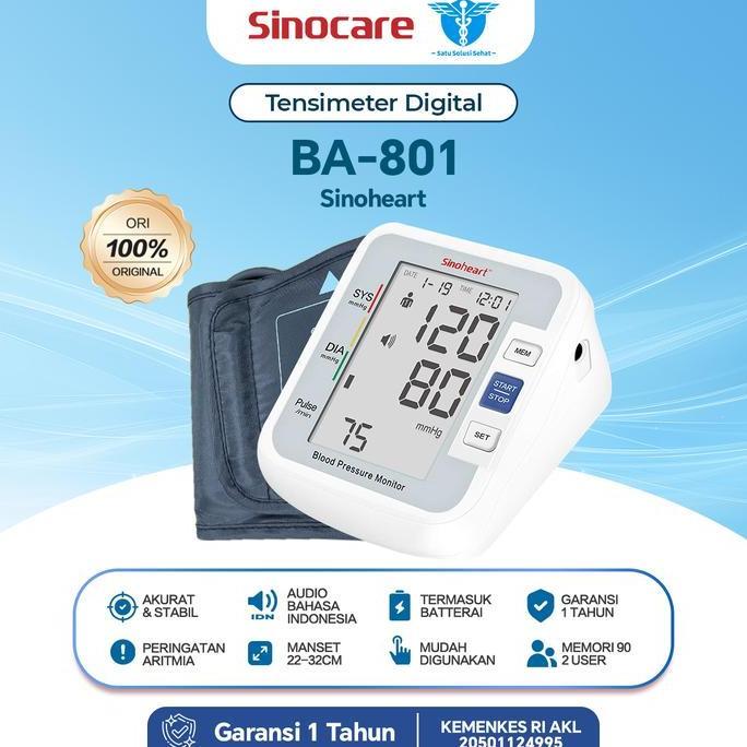 Sinocare Alat Tes Tekanan Darah BA-801 Tensi Digital Otomatis Audio Indonesia User 2 Memori 90