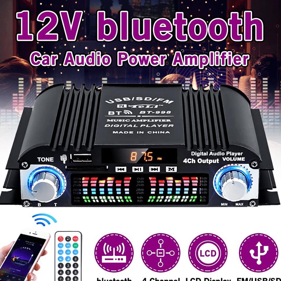 Vodool Ampli Amplifier Hifi Bluetooth Super Bass Mini Audio 12V 5.0 Stereo 4 Channel 1600W Bt 998