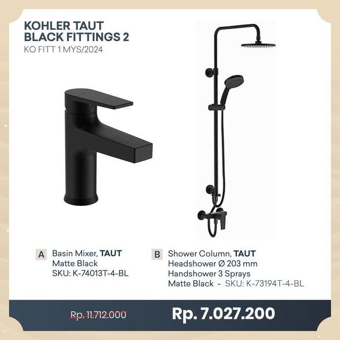 Kohler Shower Taut Black Fittings Package/ Paket Kohler Shower