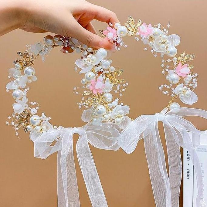 ALENADAY Bando Mahkota Princess Mutiara Bunga Cantik Bondu Korea Wanita Anak Headbands Kekinian MHT0