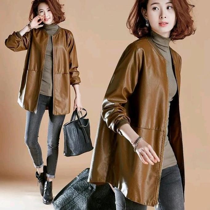 Lansungkirim- Jaket Longgar Semi Kulit Wanita,Jaket Kulit Asli Sintetis Wanita Panjang Polos Musim D
