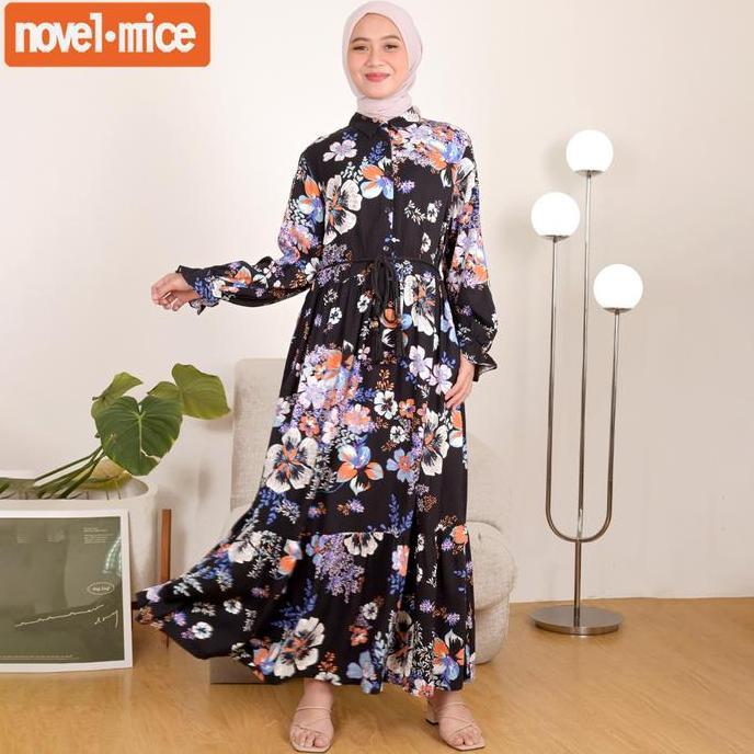 NovelMice|GamisWanitaRayon TwillBungaHitam|DressWanitaLenganPanjangMotifFloral