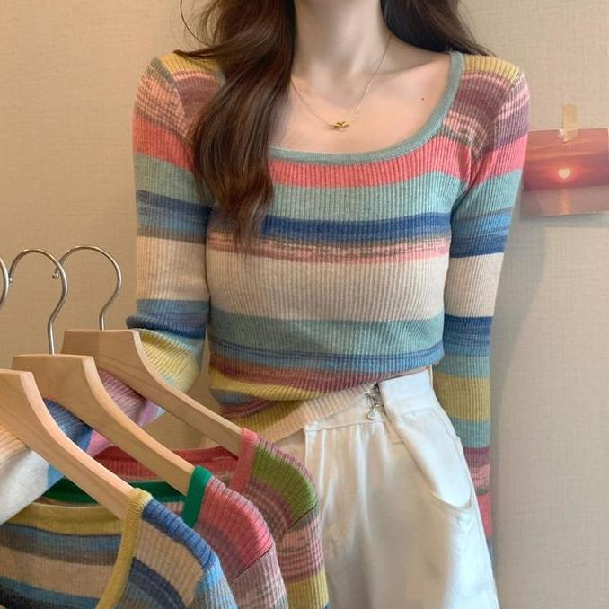 Garis-garis Pelangi Pullover Sweter Lembut Baju Atasan Wanita Elastisitas Tinggi Korean Style Slim F
