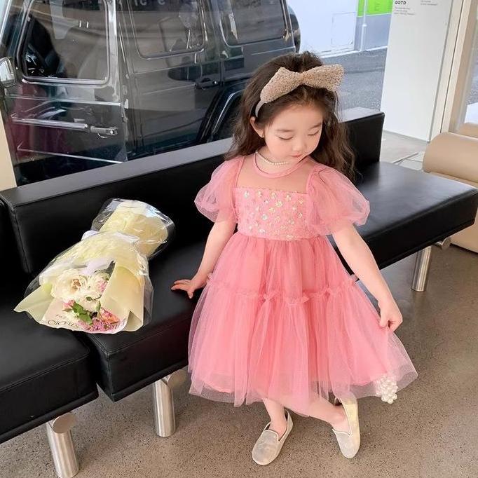 [Enchanted Princess] 2-9 tahun Gaun Pesta Anak Perempuan Pink Cerah Payet Kristal Lengan Gelembung T