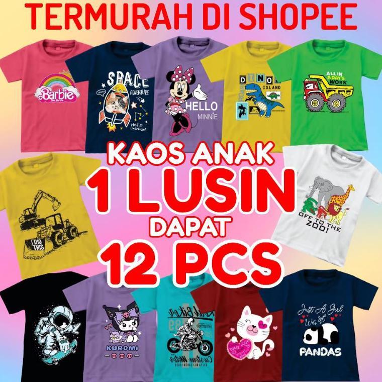 Kaos Anak 1 Lusin 12 Pcs Baju Anak Laki-Laki Perempuan