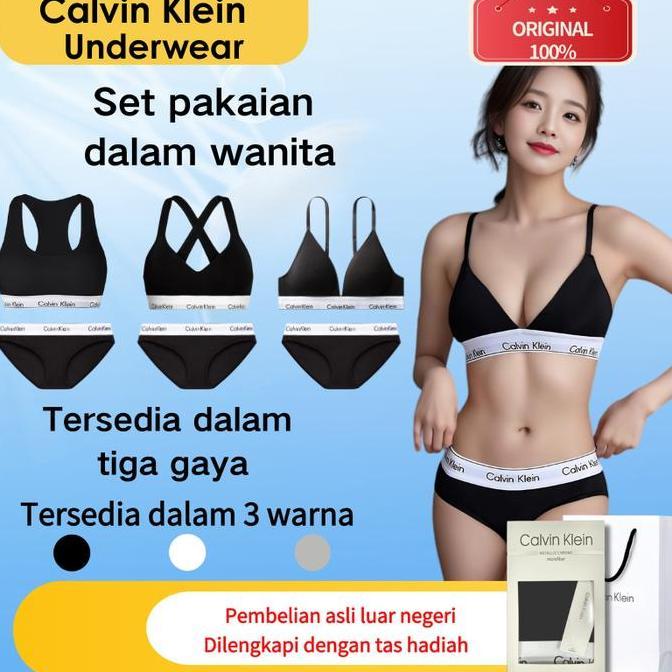 Set Pakaian Dalam Wanita Calvin Klein Asli - Bra Olahraga Tanpa Kawat dan Celana Dalam Bikini Set