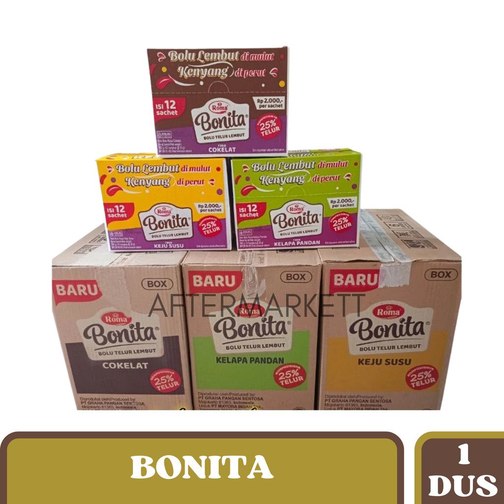 1 Karton Bolu Bonita Lembut - Cokelat, Pandan, Keju