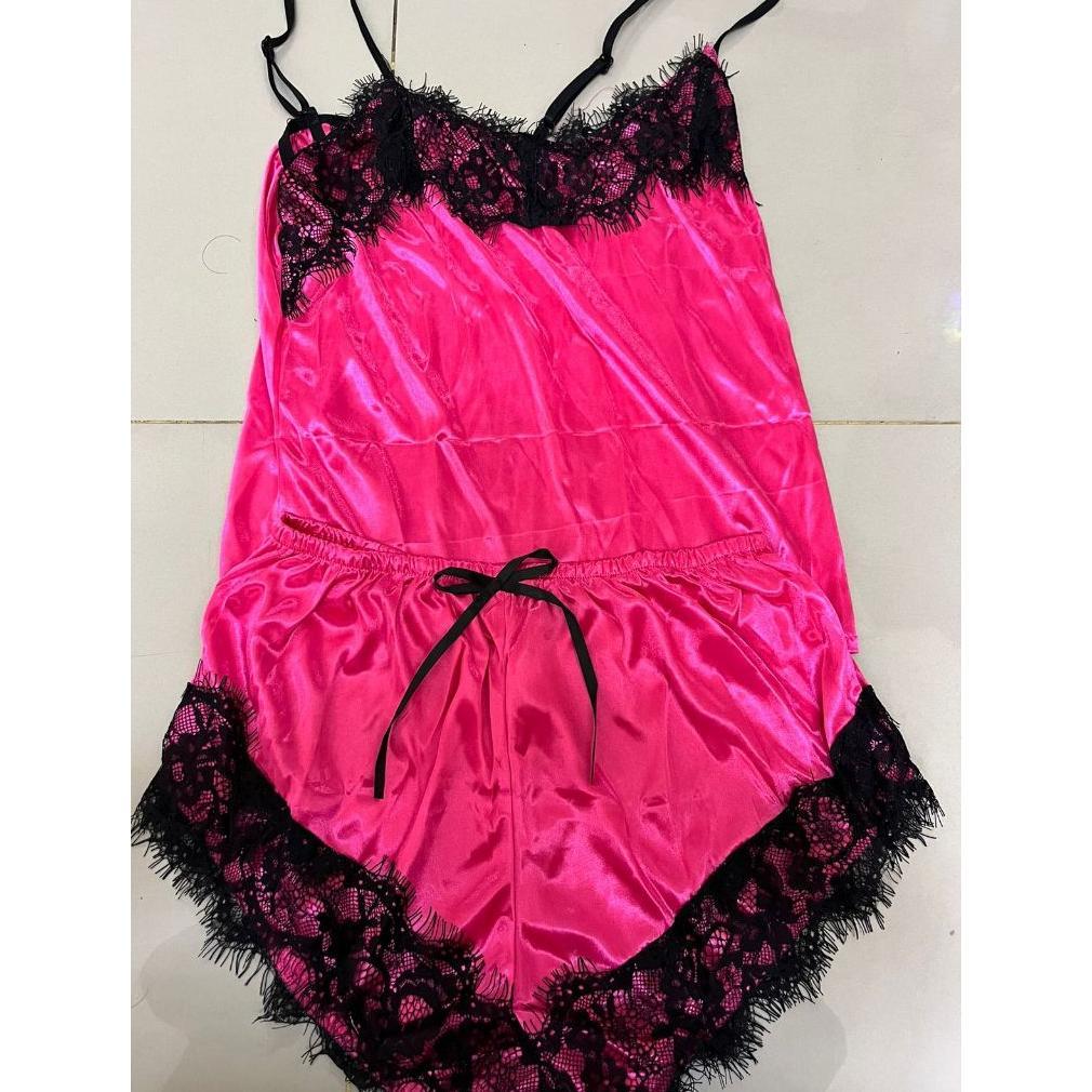 TERBARU Stelan Piyama Baju Tidur Wanita Tali Satu Celana Pendek Satin Renda #15