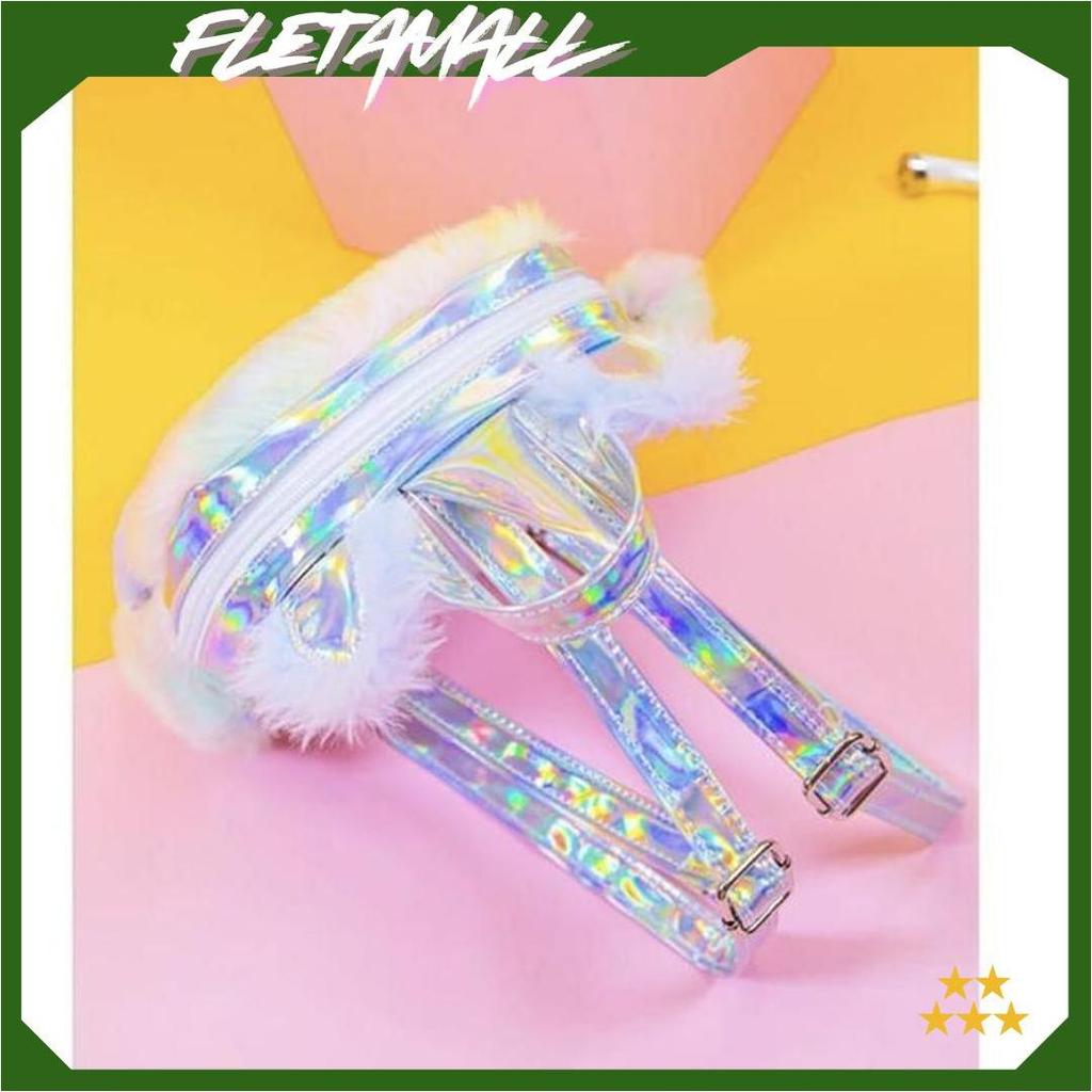 Tas Ransel Fluffy Unicorn Bag Rainbow / Tas Hologram Bulu Import Premium Unicorn Mini Backpack / Tas