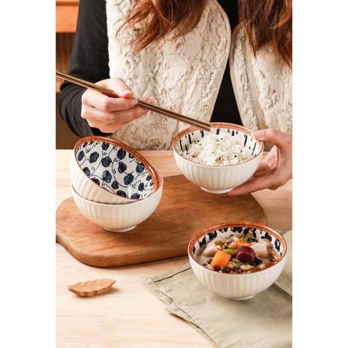 Majuterus- Blossom Mangkok Set Keramik Jepang Wadah Saji Dengan Sumpit Bambu Estetik Bowl Hampers