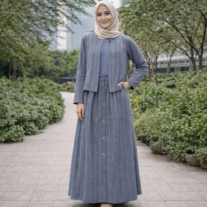 Religion- Setelan Gamis Wanita Modern 2In1 Abu-Abu Elegan Dengan Outer Outfit Muslimah Casual Formal