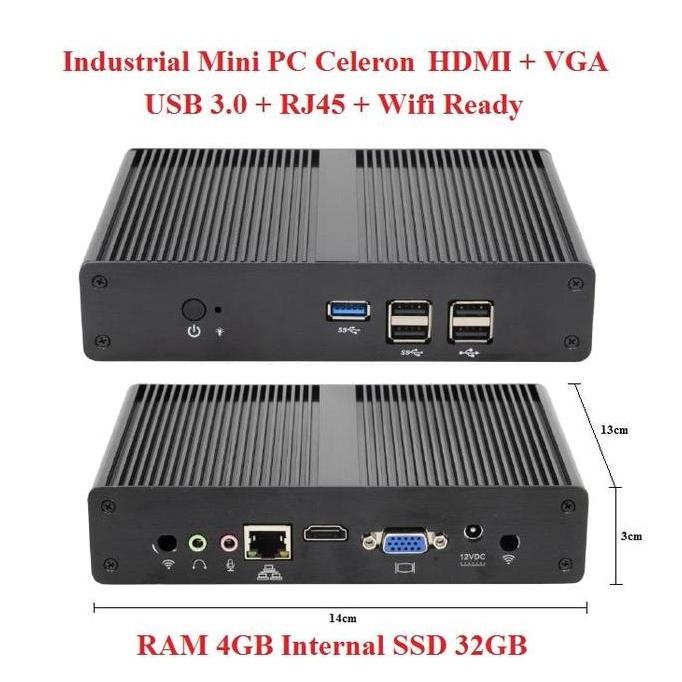Industrial Mini PC x86 Intel Celeron 4GB SSD 32GB Wifi HDMI VGA MiniPC