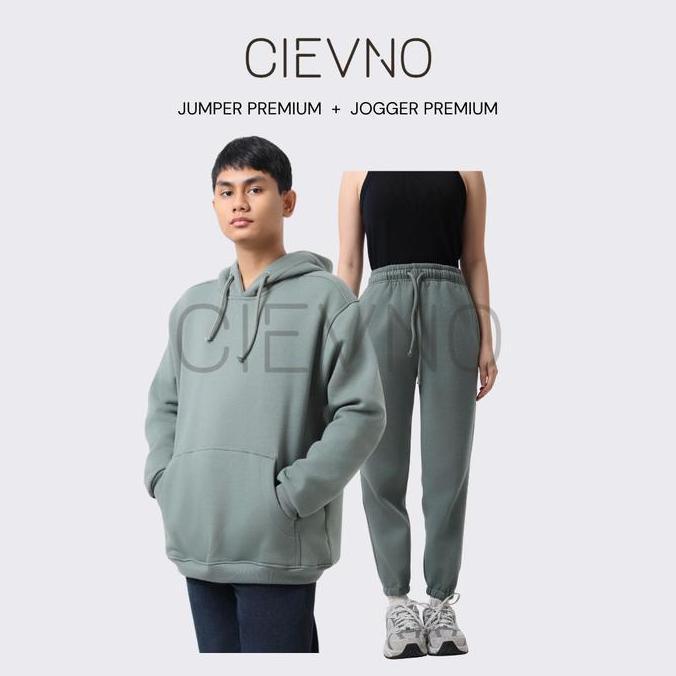 NEW CIEVNO - ONE SET HOODIE JUMPER + JOGER PREMIUM SEAGREEN ( PRIA & WANITA ) ORI