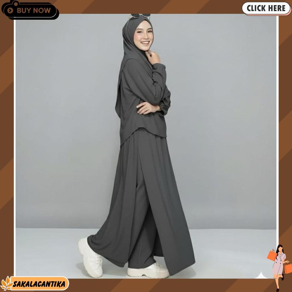 One Set 3In1 ( Gamis Celana Hijab) - Gamis Stelan Kekinian - Gamis Stelan Modis - Stelan Baju Olahra