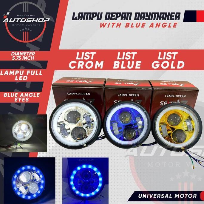 Promo Reflektor Headlamp DAYMAKER 5.75 INCH Lampu Depan CB 4 LED Blue Angle Eyes JAPSTYLE BOBBER GL 