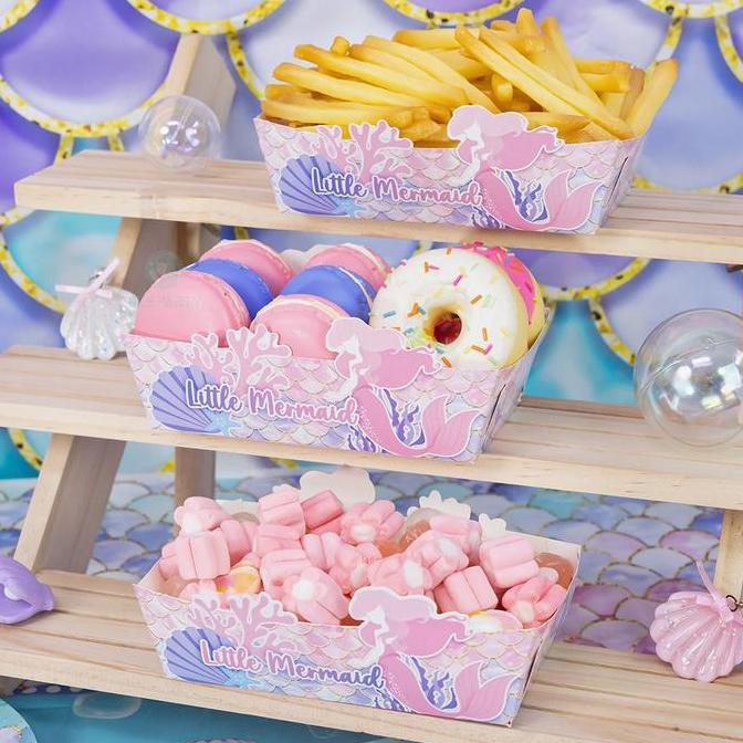 6 Pcs Nampan Makanan Kerang Putri Duyung Merah Muda Baki Kertas Goreng Untuk Pesta Ulang Tahun Anak 