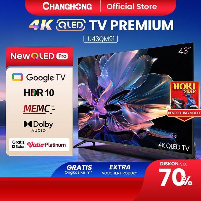 Terlaris Changhong Qled Tv 4K 43 Inch Google Smart Qled Pro Digital Tv Dolby Audio Dbx-Tv Google Pla