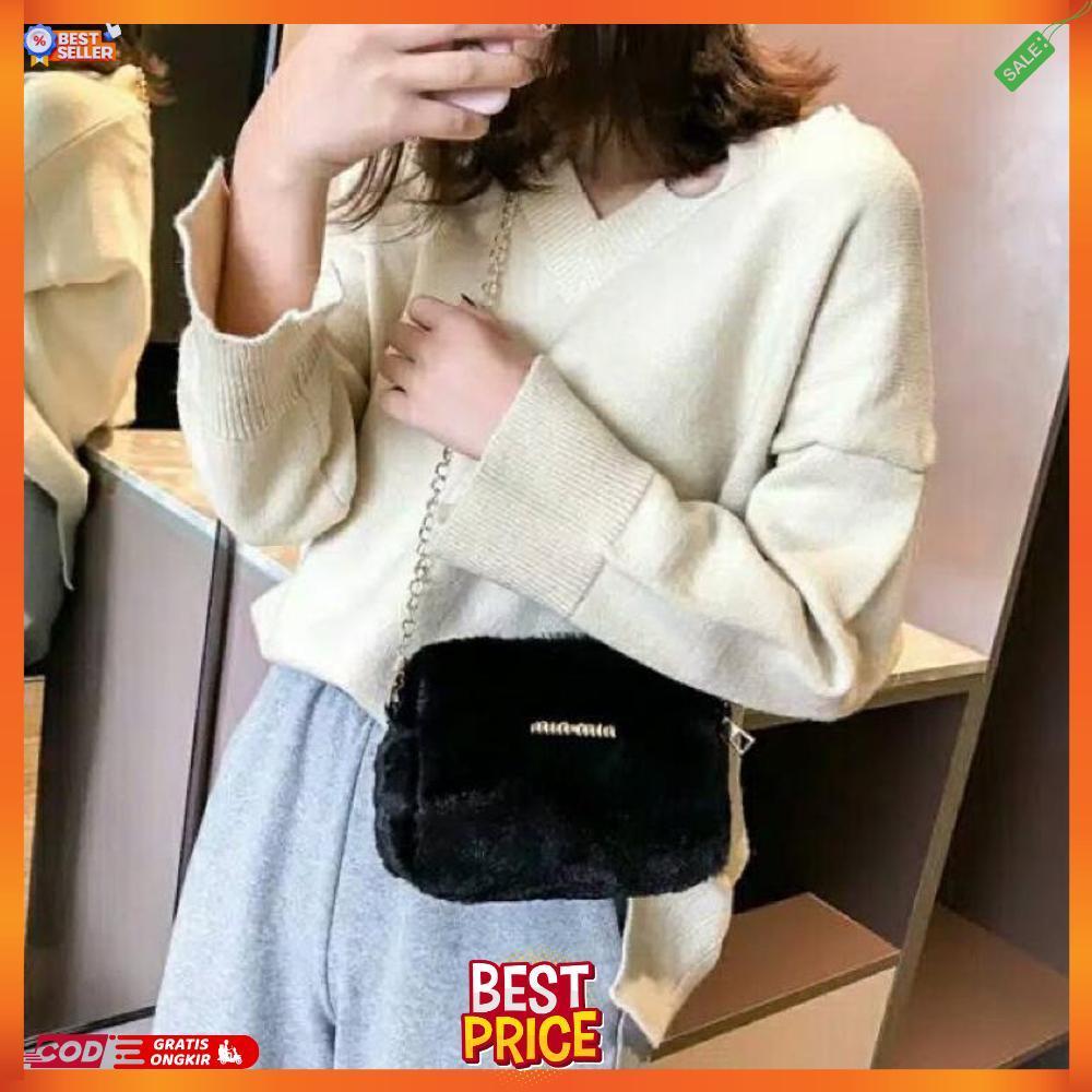 Tas Selempang Bahu Tali Rantai Resleting Michele Tasdoctor Bahan Bulu Bludru Plush Fluffy Fur Sling 