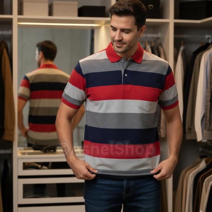 DB120 - Kaos Kerah Salur Pria Dewasa Terbaru Saku / Kantong Depan Lengan Pendek | Polo Shirt Stripe 