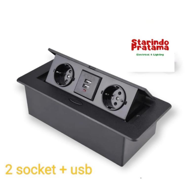 STOP KONTAK MEJA TANAM POP UP SOCKET 2 LUBANG + USB CHARGER HITAM