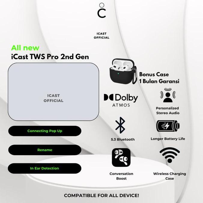 Murah [Gratis Case] Icast Pro 2 Active Noise Cancelation Wireless Charging Case Tws Bluetooth By Ica