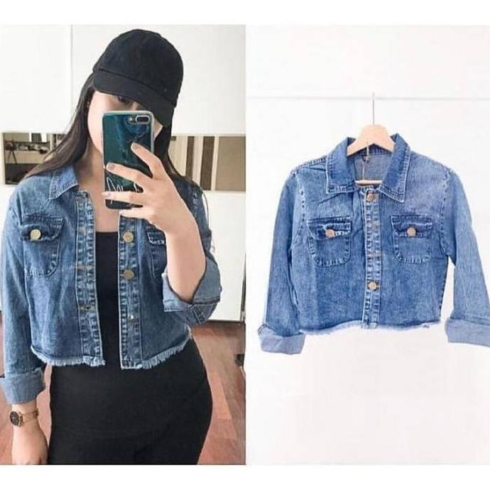 HARGA PRODUK Jaket Crop Rawis Denim Blazer Wanita Slim-fitting Baju  Jeans  Tebal Atasan Top Outer L