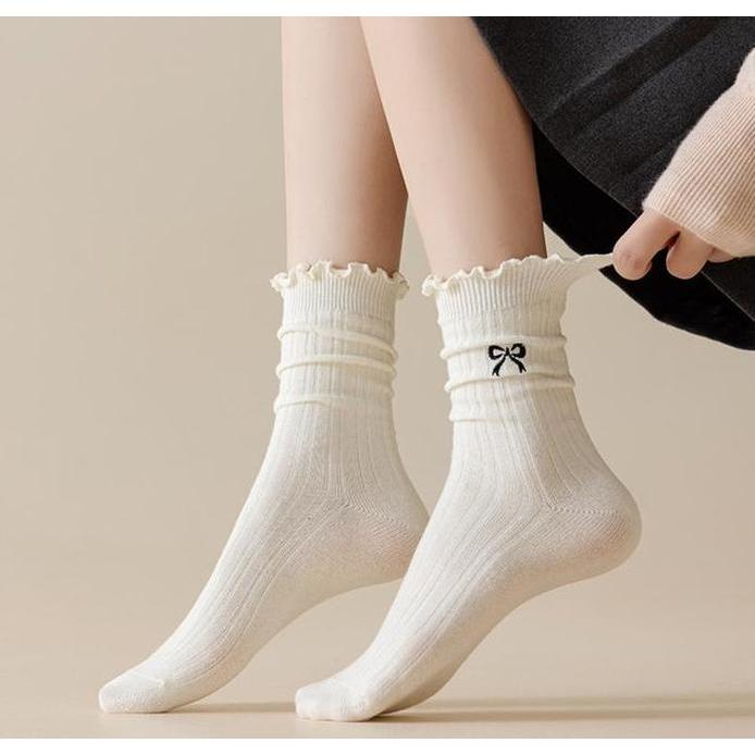 24319 Kaos kaki panjang wanita renda ruffle model simple motif pita cute Kaus kaki tinggi sebetis Wo